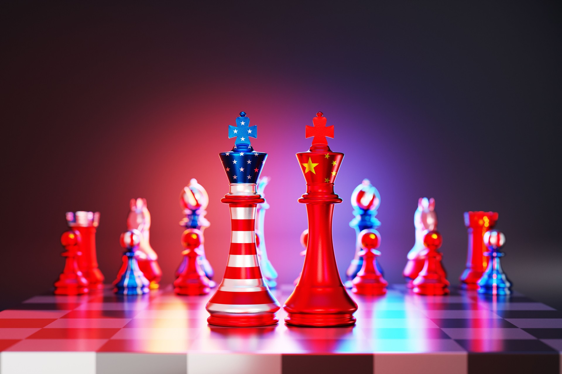 American and Chines flags  chess king on a chessboard